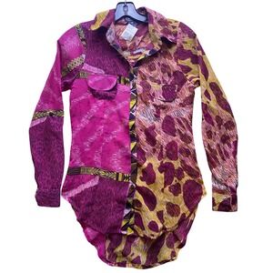 OPPA Blouse Womens Small Patchwork Leopard Cheeta Pink‎ Cut Out Back Sheer NWT